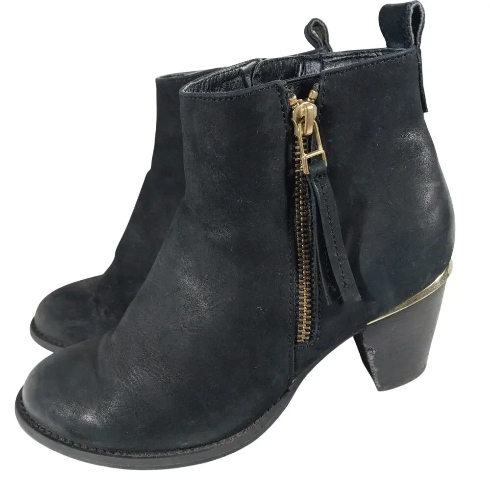 STEVE MADDEN! BLACK GENUINE LEATHER DUAL ZIPPER GOLD HEEL TRIM ANKLE BOOTS! 6.5M